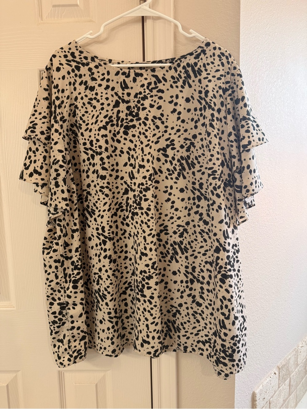 BloomChic Beige and Black Dalmatian Ruffle Sleeve Blouse